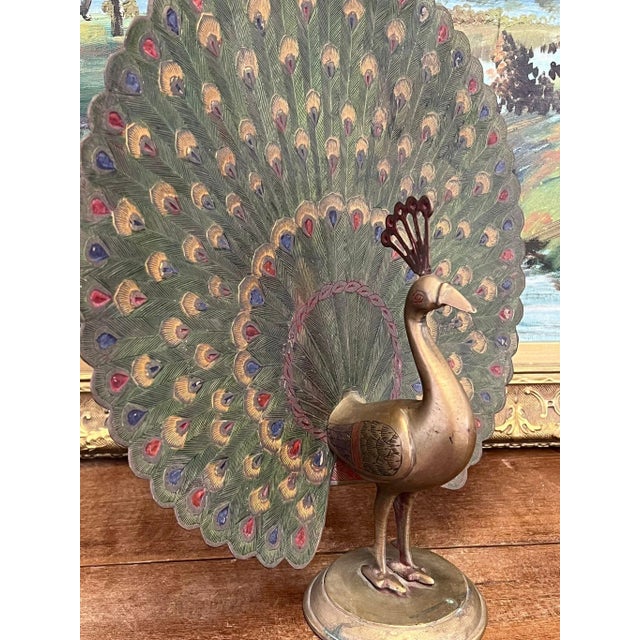 Vintage Hand Painted Etched Possibly Brass Peacock Sculpture Statuette For Sale - Image 4 of 9