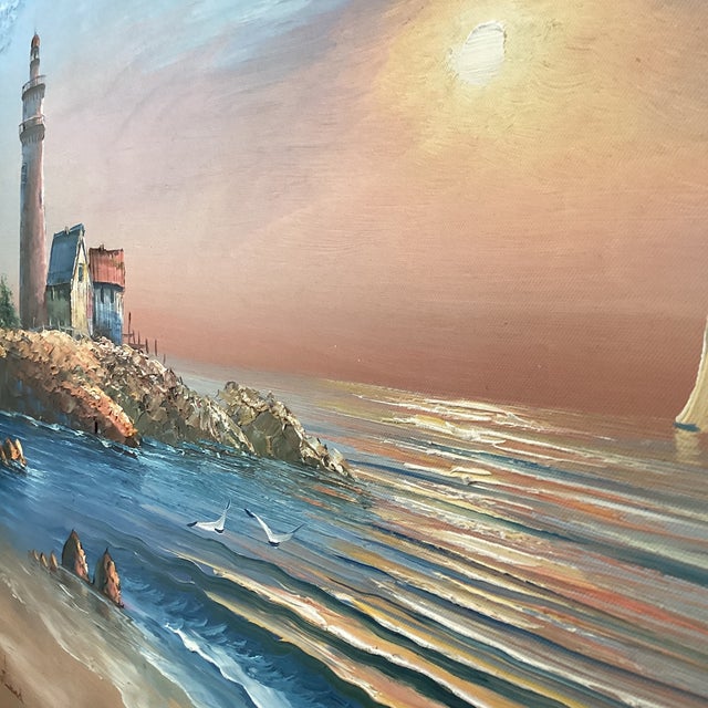 Blue Vintage Seascape Lighthouse Sunset on the Beach Oil Painting on Canvas by M . Gartland For Sale - Image 8 of 12