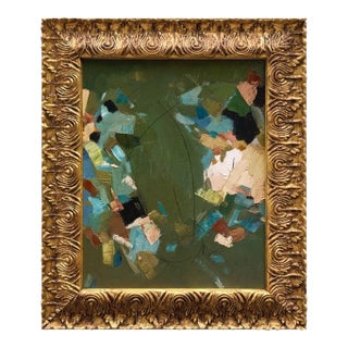 Forest Green Abstract Oil Painting in Vintage Frame For Sale