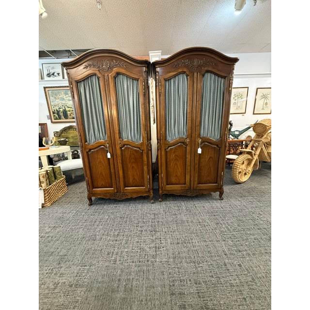 1950s Pair of Kindel "Beauclair" French Louis XV Style Walnut Chifferobes With Silk Panels For Sale - Image 17 of 18