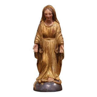 19th Century French Polychrome and Giltwood Virgin Mary Statue For Sale
