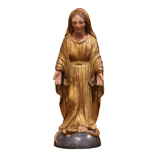 19th Century French Polychrome and Giltwood Virgin Mary Statue For Sale