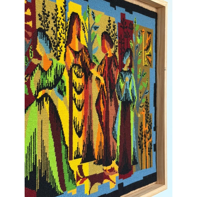 French Cubist Needlepoint Pine Frame Saisons 1970s Handmade "Les Quatre Saisons" For Sale - Image 6 of 17