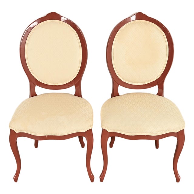 Karges Style French Provincial Louis XV Brown Lacquered Side Chairs or Dining Chairs, Pair For Sale