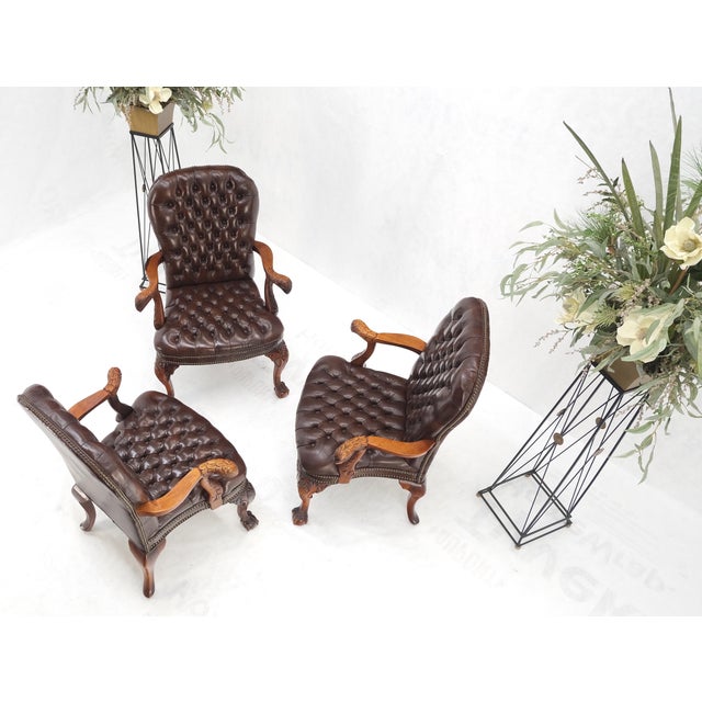 Brown Leather Chesterfield Backs & Seat Carved Walnut Armchairs Fireside Chairs For Sale - Image 13 of 13