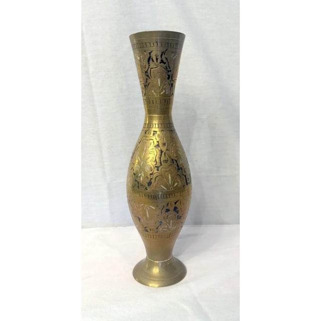 Lovely vintage brass vase with hand-painted engravings. Made in the Mid 20th Century