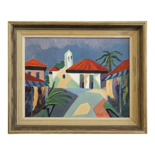 Mid-Century Modern 'Where the Palms Sway' Vintage Original Landscape Oil Painting, Framed For Sale