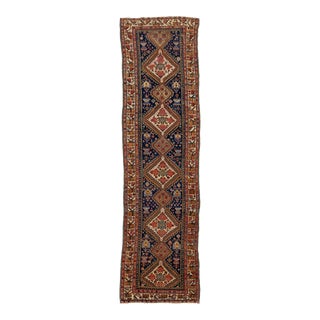 Handmade Navy Blue Antique Kurdish Wool Runner With Allover Design For Sale