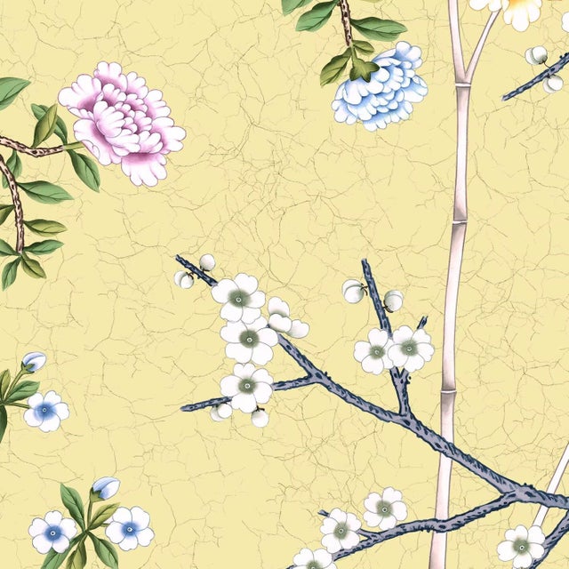 36" * H100"/Panel * 5ps, Pale Yellow Floral and Bird Wallpaepr, Chinese-Style Floral and Bird Wallpaper Mural, 5 Panels For Sale - Image 6 of 6