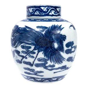 Antique Chinese Export Porcelain Kangxi Blue Ginger Jar With Phoenix & Birds