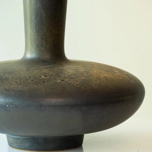 Dark Brown Ceramic Table Lamp with Silk Lampshade attributed to R. Houben, 1970s For Sale - Image 6 of 11