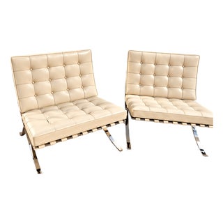Pair of 1980s Authentic Knoll Studio Barcelona Chairs, Mies Van Der Rohe Ivory Leather For Sale