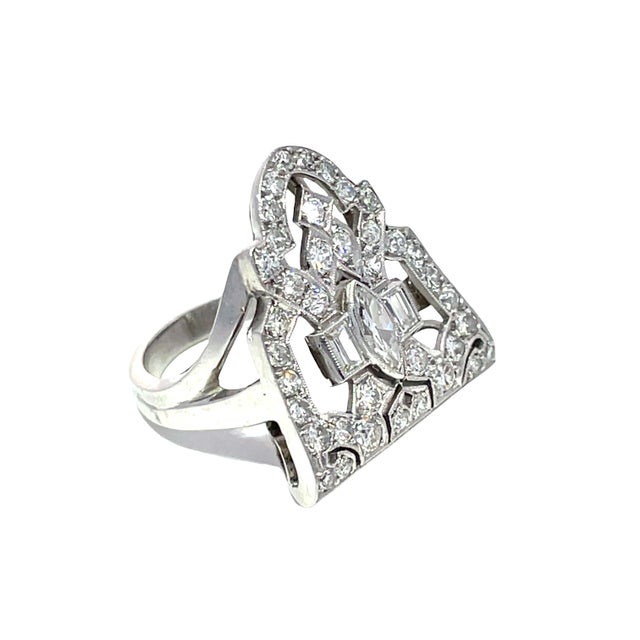 Antique 14k White Gold Art Deco Cocktail Ring With 1.5 CTW Diamonds, Size 4.5 For Sale - Image 10 of 10
