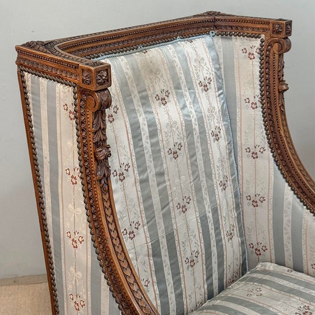 Pair 19th Century French Louis XVI Walnut Bergères ~ Armchairs For Sale - Image 13 of 17