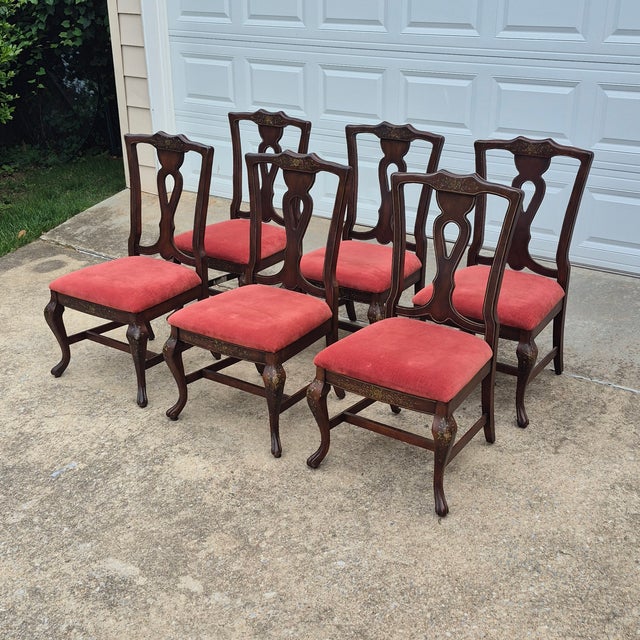 Mid-20th Century Lane Rustic Floral Paint Decorated Walnut Dining Chairs, Set of 6 For Sale - Image 18 of 18