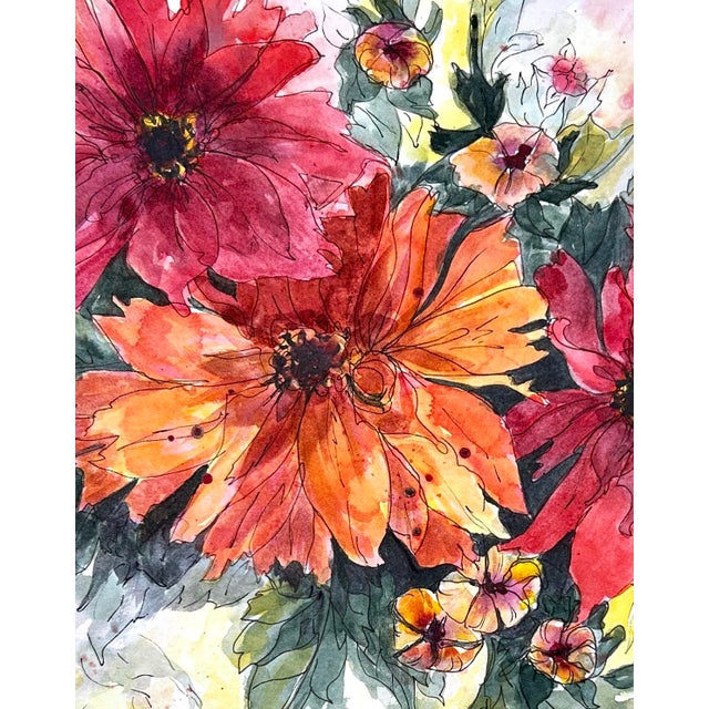 American Original Watercolor Painting Ink and Wash Orange Dahlias For Sale - Image 3 of 5