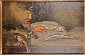 Historicist Artist, Composition with Fish, 19th Century, Oil Painting, Framed