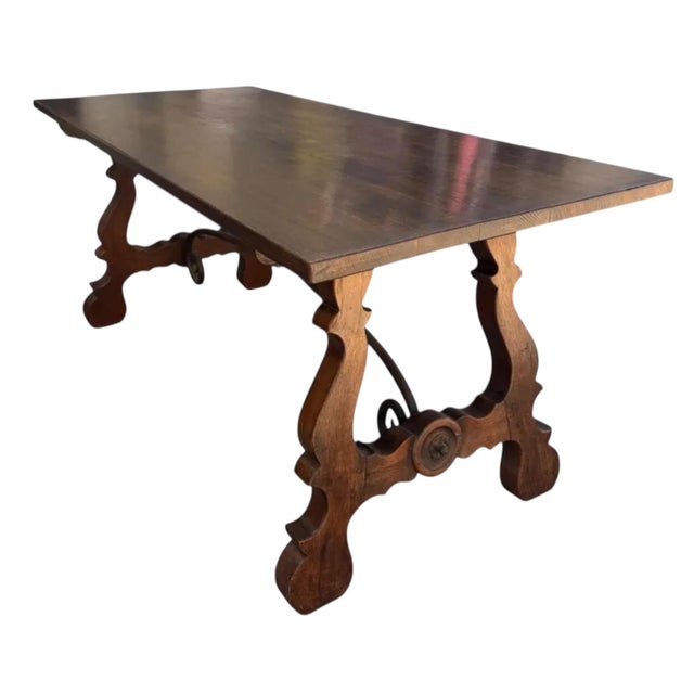 Antique Walnut & Wrought Iron Trestle Table.