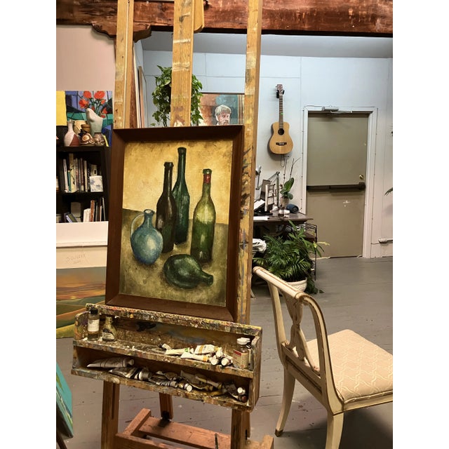 1950s 1950’s Original Rustic Impressionist Still Life Glass Bottles Painting For Sale - Image 5 of 5