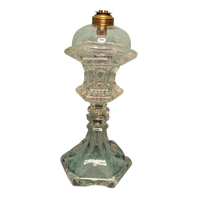 Antique Sandwich Flint Glass Whale Oil Lamp Ring & Oval Pattern Hex Base C. 1850 For Sale