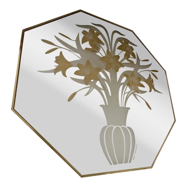 Octagon Brass Etched Floral Mirror, Circa 1970 For Sale