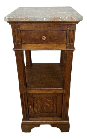 Antique French Oak Bedside Table with Marble Top