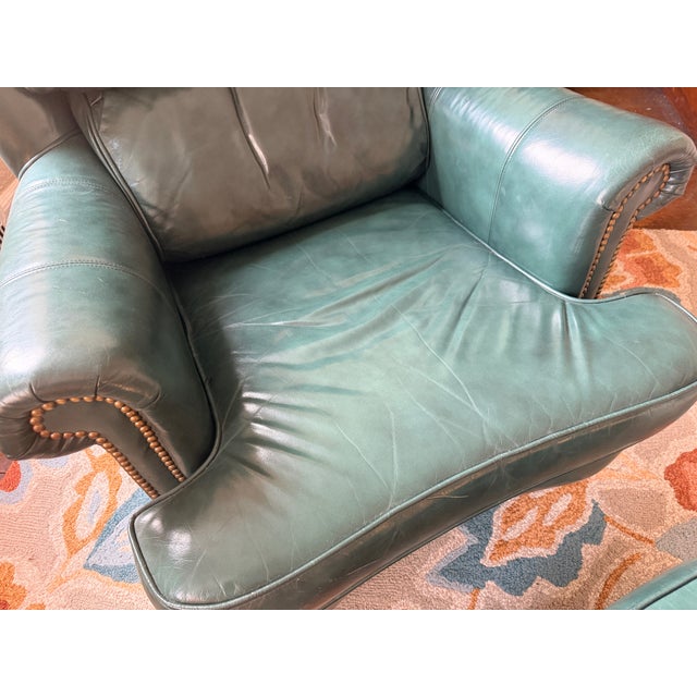 Green Hancock & Moore Styled Green Leather Club Chair With Ottoman For Sale - Image 8 of 9