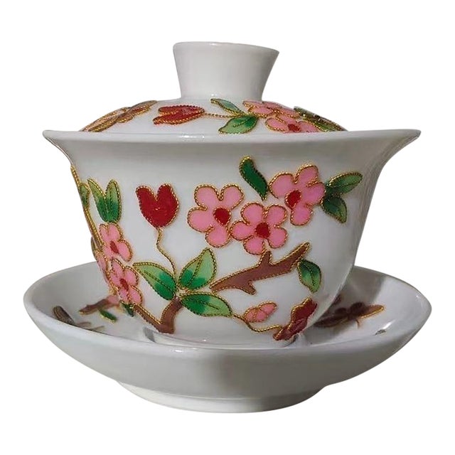 Vintage Cloisonné Enamel Porcelain Lidded Teacup & Saucer – Floral & Butterfly Motif For Sale
