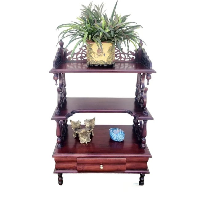 English Vintage Traditional Fretwork Cherry Red 1 Drawer 3 Shelf Shelving Unit Etagere For Sale - Image 3 of 12