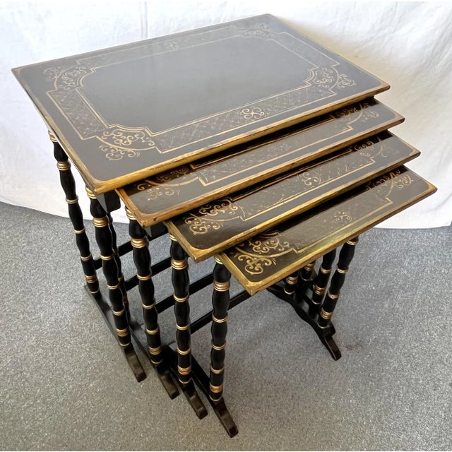 Wood Vintage Hollywood Regency Nesting Tables in Ebony Finish With Gold Painted Accents- Set of 4 For Sale - Image 7 of 13