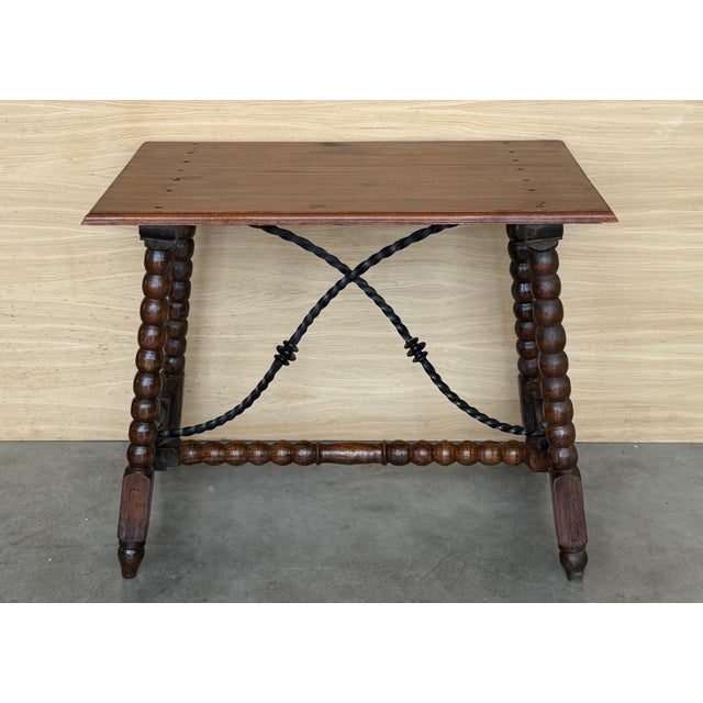 19th Spanish Sturdy Side Table with Carved Turned Legs and Double Stretcher For Sale - Image 17 of 18
