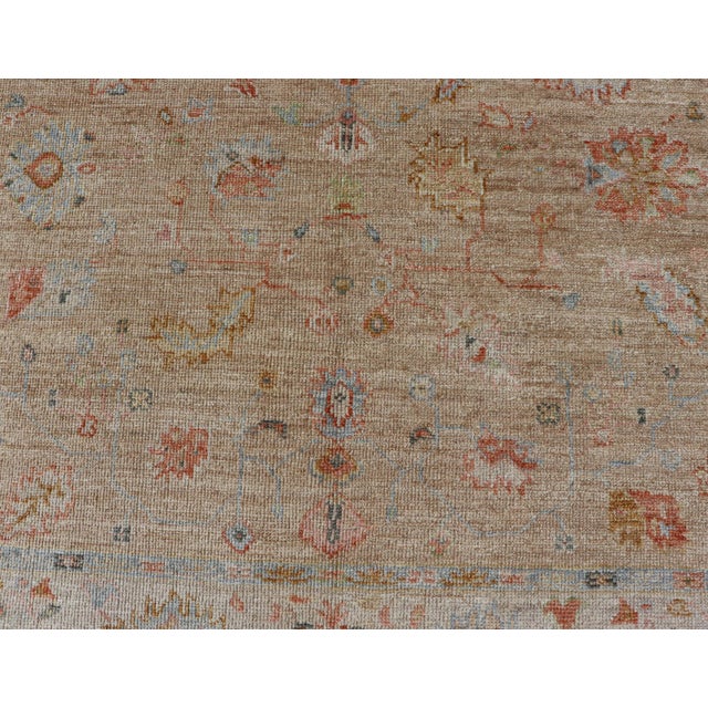 Textile Floral Turkish Angora Oushak With Sandy in Taupe Background and Cream Border 6'1 X 8'9 For Sale - Image 7 of 12