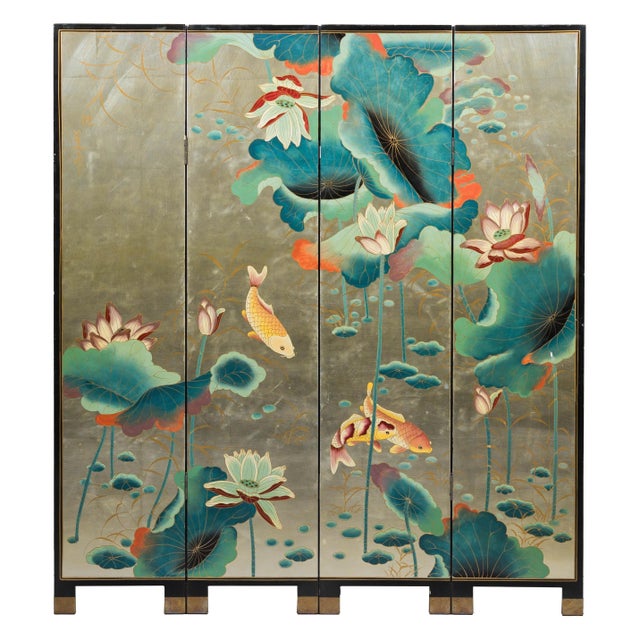 Four-Panel Screen with Koi and Lotus Design, Brass Feet
