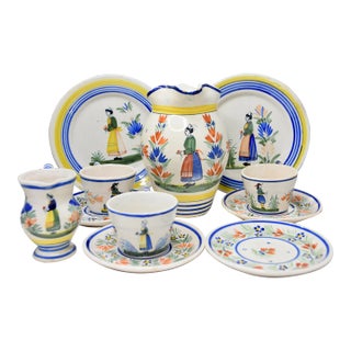 Vintage Hand Painted France Henriot Quimper Faience Pottery Set- 11 Pieces For Sale