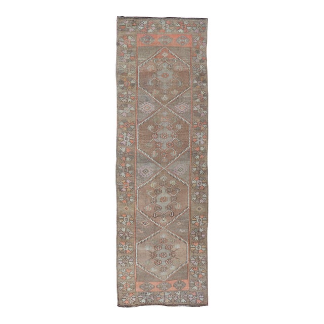 Vintage Turkish Oushak Runner With Muted Earth Tones and Soft Pastel Accents 3'6"x12'0" For Sale