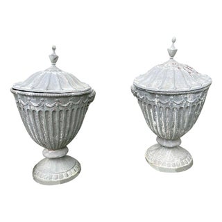 19th Century English Classical Lead Garden Urns with Covers Grey - A Pair For Sale
