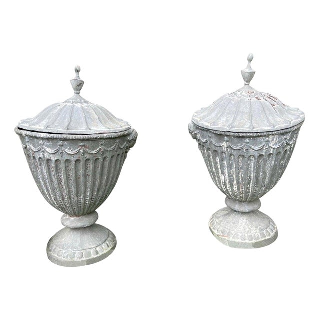 19th Century English Classical Lead Garden Urns with Covers Grey - A Pair For Sale