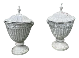 19th Century English Classical Lead Garden Urns with Covers Grey - A Pair