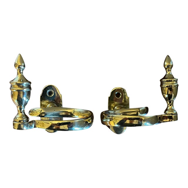 American Federal Brass Jamb Hooks With Urn Finials for Holding Fireplace Hearth Tools Mount on the Mantel - a Pair For Sale