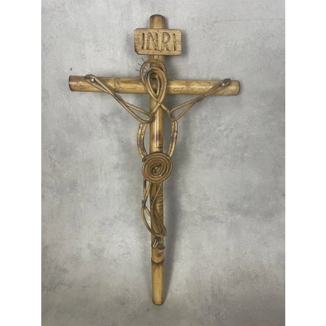 Wood Italian Christ Figure in Rattan, 1960s For Sale - Image 7 of 10