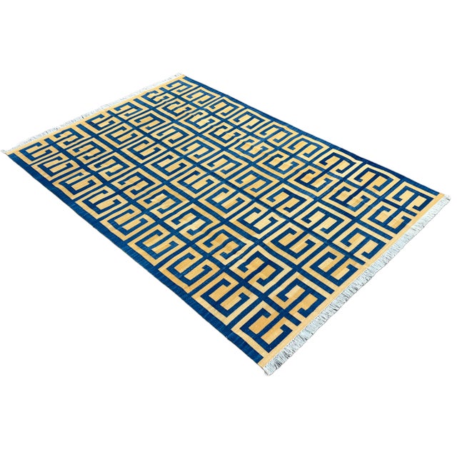 Mid-Century Modern Not Yet Made - Made To Order Handmade Cotton Natural Vegetable Dyed Royal Blue and Yellow Geometric Pattern Rug - 9'x12' For Sale - Image 3 of 11