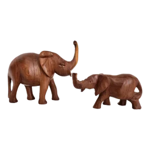 Vintage Hand Carved Teak Wood Elephant Figurines, Set of 2