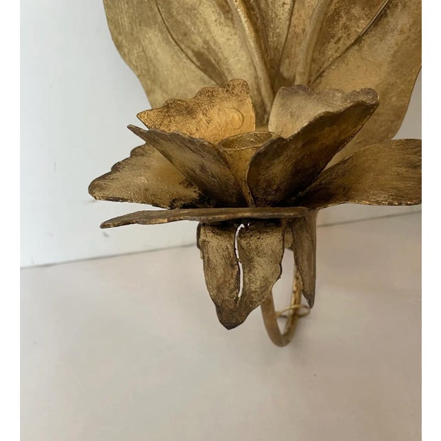 Vintage Late 20th Century Gilt Iron Sheet Candle Sconces With Leaf Design - A Pair For Sale - Image 4 of 6