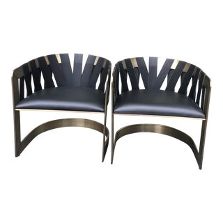 Pair of Baker Furniture Leather and Bronze Sling Chairs by Kara Mann For Sale