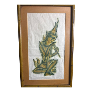 Vintage Thai Temple Rubbing of Celestial Musician in Green & Gold