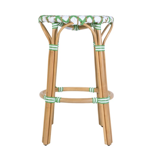 2020s Ballito 30 in. Seat Height Oval Rattan Bar Stool with Footrest, French White, Green & Brown For Sale - Image 5 of 8
