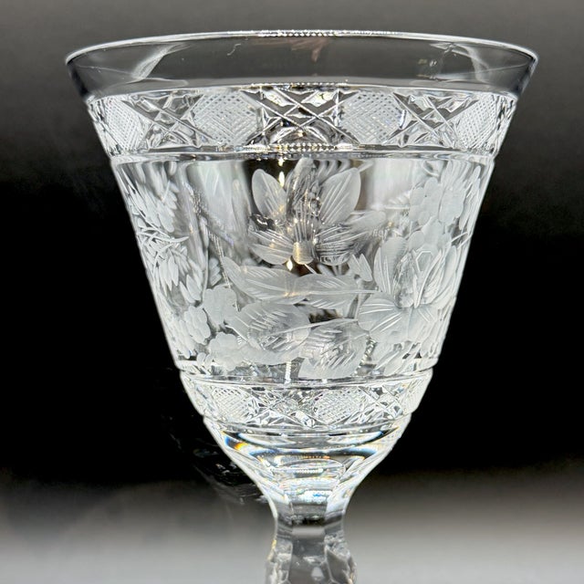 Mid-Century Modern Meissen Crystal Wine Glasses, Floral Engraved & Cane Cut, German Bleikristall, 1960s, Set of 6 For Sale - Image 3 of 18