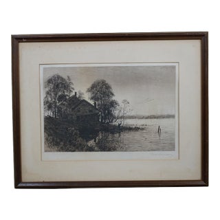 Antique Benjamin Lander Signed Waterfront House Figure in Boat Etching 21" For Sale