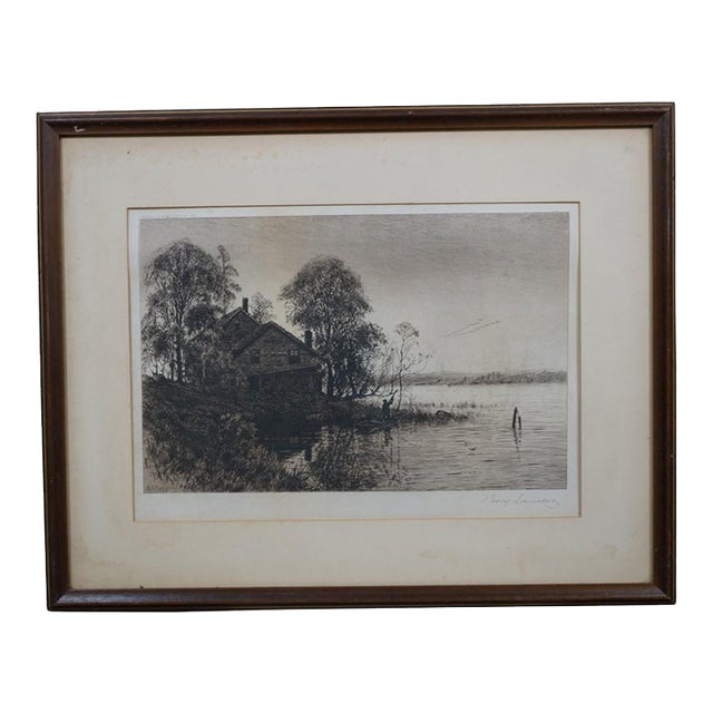 Antique Benjamin Lander Signed Waterfront House Figure in Boat Etching 21" For Sale