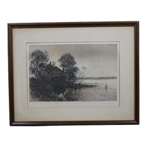 Antique Benjamin Lander Signed Waterfront House Figure in Boat Etching 21"